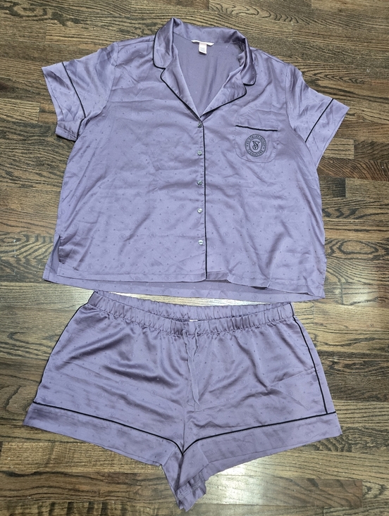Victoria's Secret Other - Victoria's Secret Purple Satin Logo Print Pajama Shorts Button Down 2x